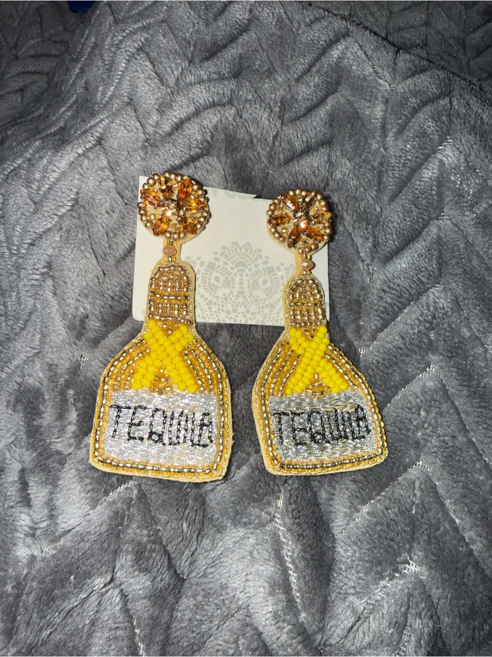 Beaded Tequila Bottle Drop Earrings - Yellow & Gold